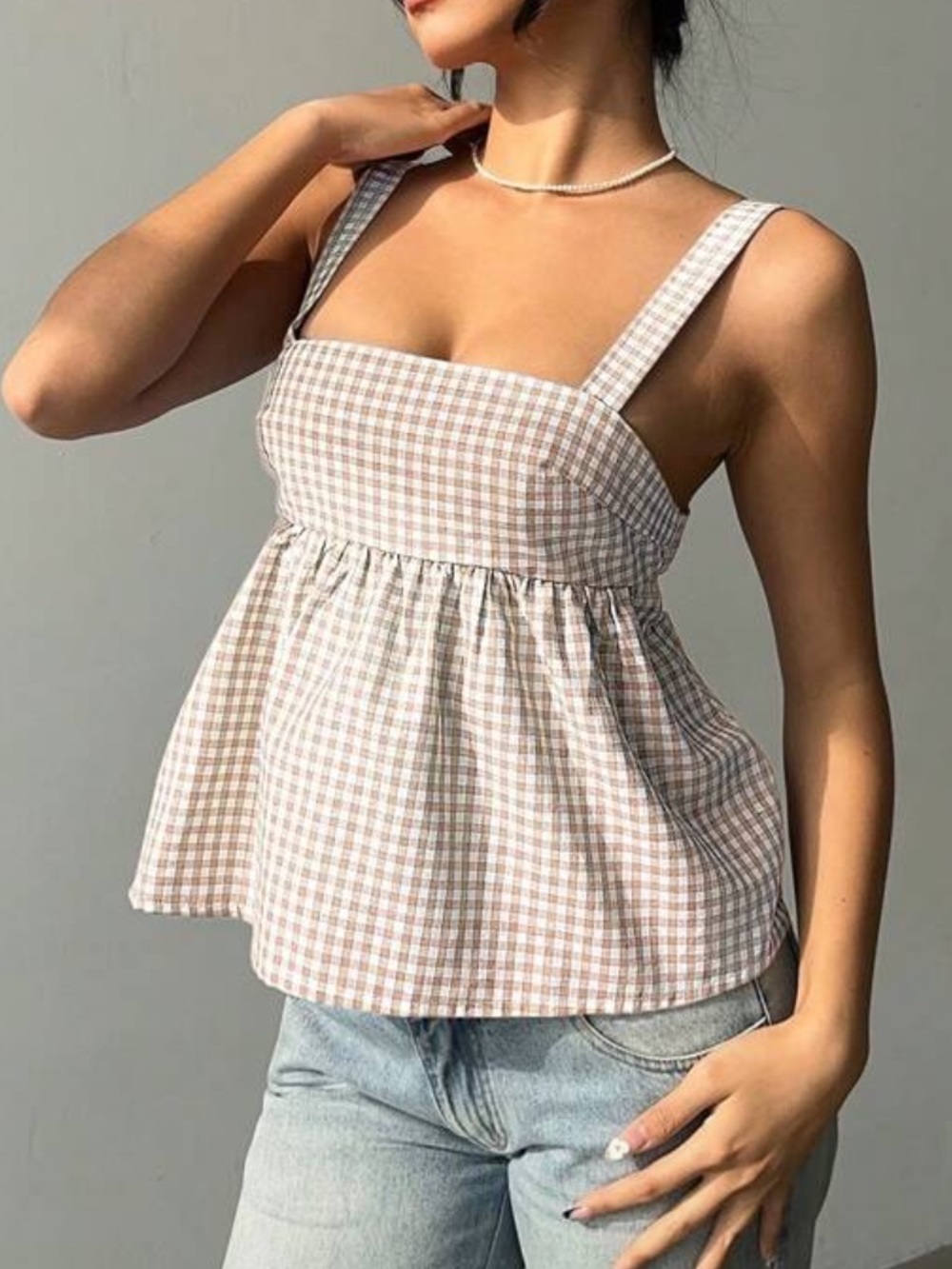 Gingham Square-Neck Peplum Tank Top - Beige
